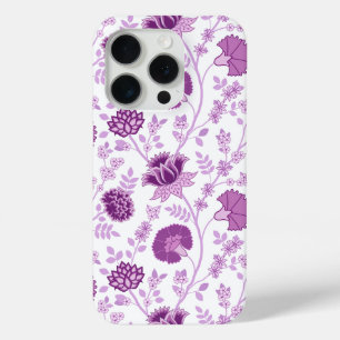 Coque iPhone 15 Pro Jacobean Floral Grand Motif rose sur blanc
