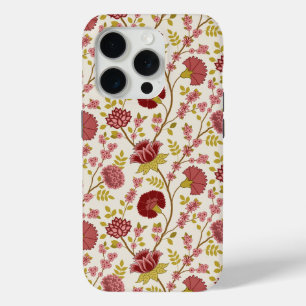 Coque iPhone 15 Pro Jacobean Floral Pattern Rouge Rose Gold Crème