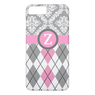 Coques Pour iPhone Jacquard et damas motif rose, gris monogramme