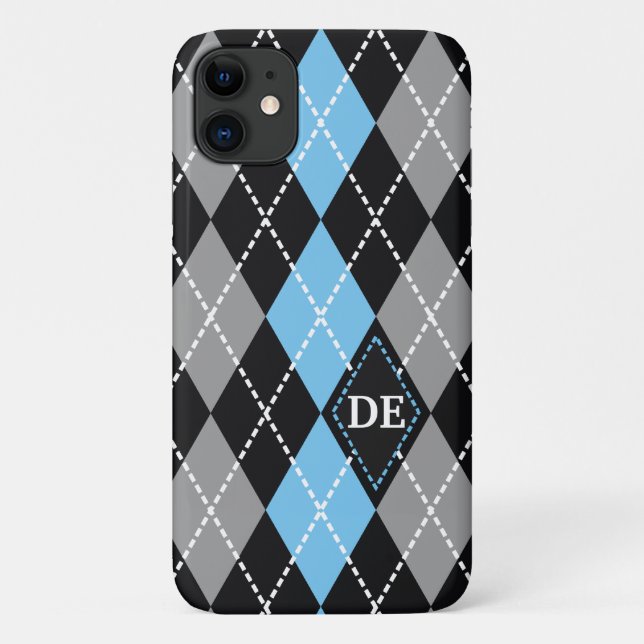 Coques Case-Mate iPhone Jacquard motif noir, gris bleu monogramme (Dos)