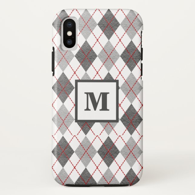 Coques Case-Mate iPhone Jacquard Plaid Red Grey Silver Monogramme personna (Dos)