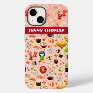 Coque Pour iPhone 14 Japonais amour sushi poisson plat motif sur rose