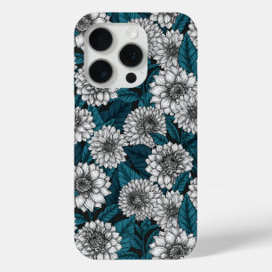 Coque iPhone 15 Pro Jardin blanc Dahlia / feuilles bleus 2