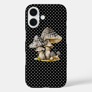 Coques iPhone 16 Jardin de champignons à carreaux aquarelle
