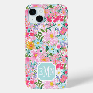 Coque iPhone 15 Mini Jardin de fleurs coloré moderne monogrammé