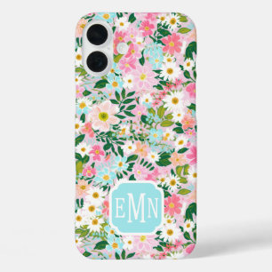 Coques iPhone 16 Plus Jardin de fleurs rose coloré avec monogramme