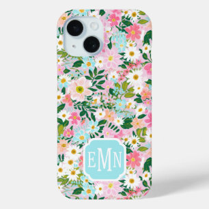 Coque Pour iPhone 15 Jardin de fleurs roses coloré avec monogramme
