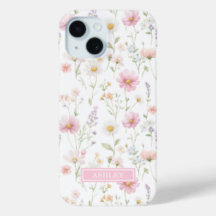 Coque Pour iPhone 15 Jardin de fleurs sauvages roses personnalisé