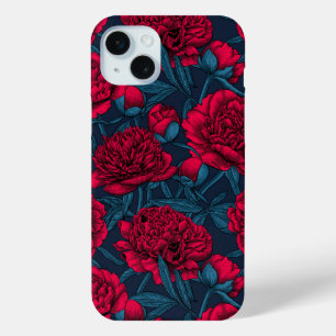Coque iPhone 15 Mini Jardin de pivoine rouge sur bleu foncé