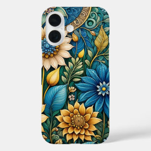 Coques iPhone 16 Jardin de tournesol bleu mignonne Girly Art Abstra