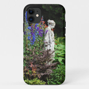 Coque iPhone 11 Jardin fleuri de delphinium bleu et statue