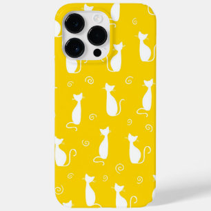 COQUE POUR POUR iPhone 14 PRO MAX JAUNE AVEC MOTIF CHAT SITTING BLANC