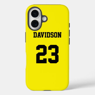 Coques iPhone 16 Jaune et Noir Nom du maillot personnalisé Numéro