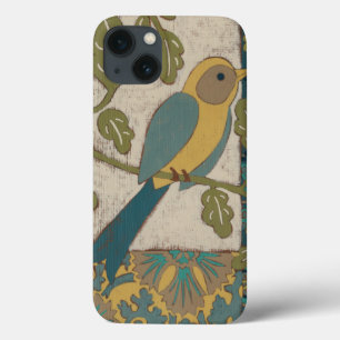 Etui iPhone 13 Jaune et oiseau bleu turquoise étés perché sur une