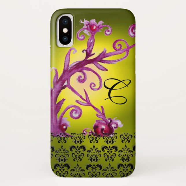 COQUES Case-Mate iPhone JAUNE ROSE FLORALE, BERRIES DAMASK MONOGRAM (Dos)