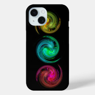 Coque Pour iPhone 15 JAUNE ROUGE BLEU CLAIR VORTEX Fractal Art, Noir