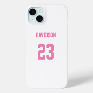 Coque iPhone 15 Mini Jersey blanc et rose Nom Numéro de protection
