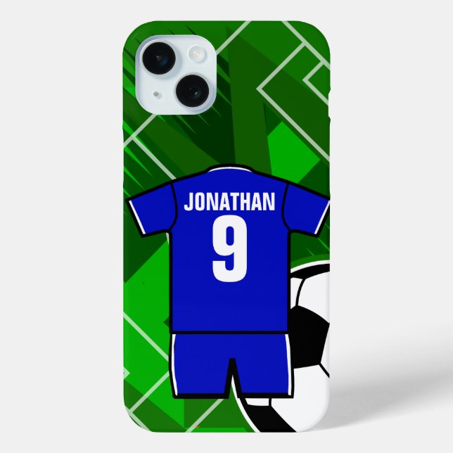 Coques Case-Mate iPhone Jersey de soccer personnalisé bleu avec blanc (Verso)