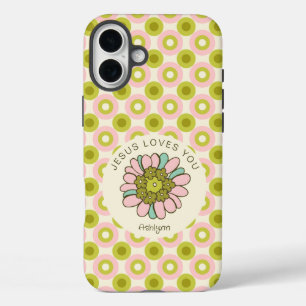 Coques iPhone 16 Plus Jésus t'aime Pink Green Cercles Motif
