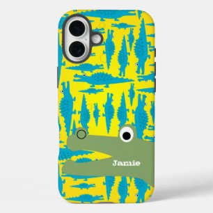 Coques iPhone 16 Plus Joli Aqua coloré et Motif d'alligator jaune