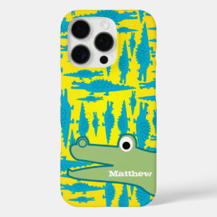 Coques iPhone 16 Pro Joli Aqua coloré et Motif d'alligator jaune