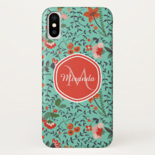 Coque Case-Mate Pour iPhone Joli Aquamarine Orange et Rouge Floral Monogramme