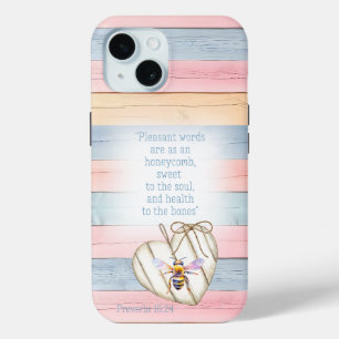 Coque Pour iPhone 15 Joli cœur en bois pastel faux avec écriture abeill
