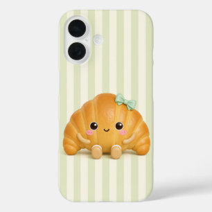 Coques iPhone 16 Joli Croissant Kawaii sur téléphone à rayures vert
