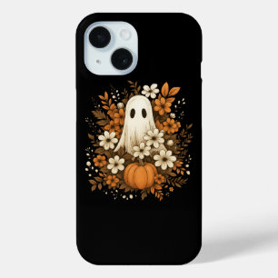 Coque Pour iPhone 15 Joli Fantôme avec Citrouille et Fleurs d'Automne –