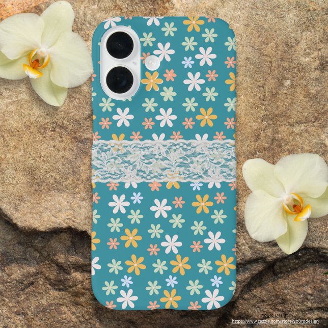 Coques Case-Mate iPhone Joli floral turquoise avec dentelle blanche Fille  (Créateur téléchargé)