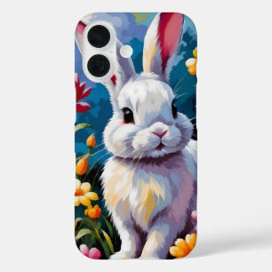 Coques iPhone 16 Joli Lapin Blanc Entouré de Fleurs Vibrantes