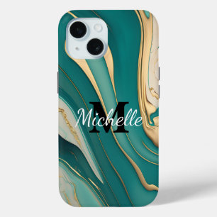 Coque Pour iPhone 15 Joli Monogramme Aqua Or Art Liquide Marbre Esthéti