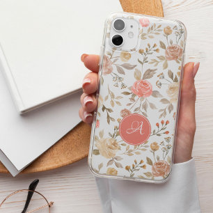 Coques iPhone 16 Joli monogramme floral bohème pêche pastel