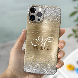 Coque Pour iPhone 14 Joli monogramme pailleté argent faux or brossé