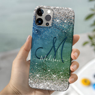 Coque Pour iPhone 14 Joli monogramme pailleté or faux bleu vert