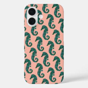 Coques iPhone 16 Joli motif de hippocampe sarcelle et corail sur le