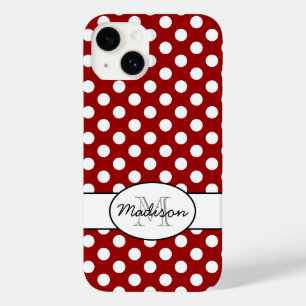 Coque Pour iPhone 14 Joli Rouge Blanc pois rétro motif Monogramme