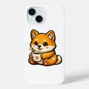 Coque Pour iPhone 15 Joli Shiba Inu avec Café – Illustration de Chien C
