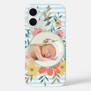 Coques iPhone 16 Jolie aquarelle Florale et rayures Photo personnal
