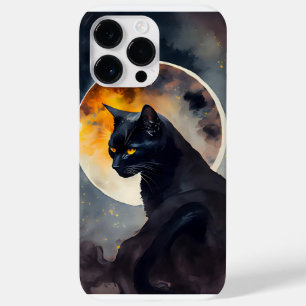COQUE POUR POUR iPhone 14 PRO MAX JOLIE CHAT NOIR EN COULEUR D'EAU AVEC PLEINE LUNE