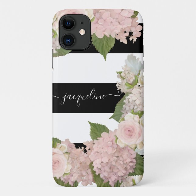 Coques Case-Mate iPhone Jolie Hydrangée Rose Noir Blanc rayé Floral (Dos)