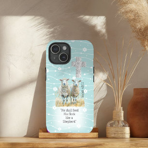 Coque Pour iPhone 15 Jolie Pastel Turquoise Floral Sheep Cross Écriture