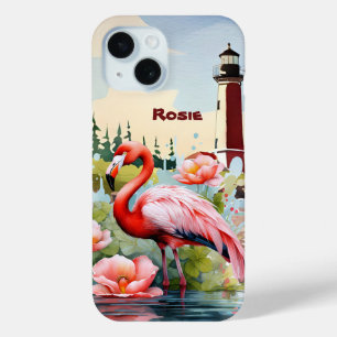Coque Pour iPhone 15 Jolie plage rose flamingo ajouter nom