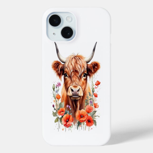 Coques Case-Mate iPhone Jolie Vache Highland Et Fleurs De Pavot Aquarelle (Verso)