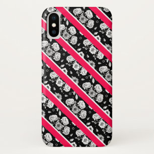 Coque Case-Mate Pour iPhone Jolies fleurs roses noires et blanches rayures