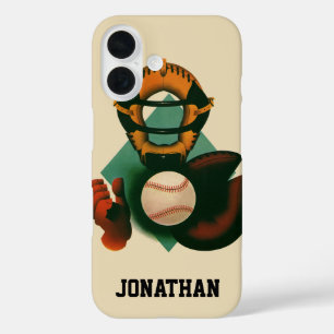 Coques iPhone 16 Joueur de baseball vintage, Catcher avec Mitt