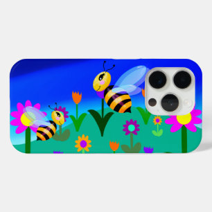 Coque iPhone 15 Pro Joyeuses abeilles dans un champ de fleurs