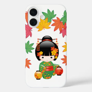 Coques iPhone 16 Kimono Vert Automnal Poupée Kokeshi Feuilles d'Éra