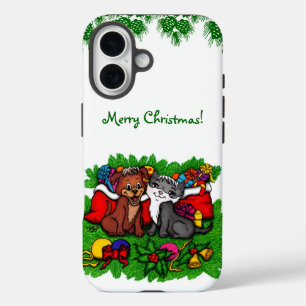 Coques iPhone 16 Kitty et chiot, Happy XMas