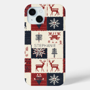 Coque Pour iPhone 15 Knit nordique de Noël Reindeer & Snowflakes